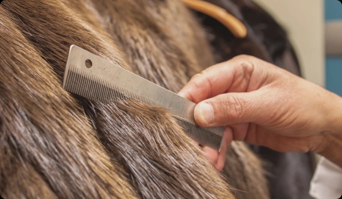 Fur coat getting cleaned with a steel comb